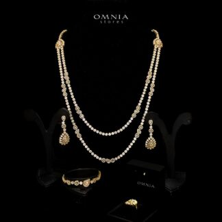 Omnia Ahad Bridal Golden Long Chain Set In Rhodium Plated With High Quality Zircon Stones