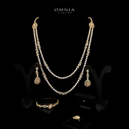Omnia Ahad Bridal Golden Long Chain Set In Rhodium Plated With High Quality Zircon Stones