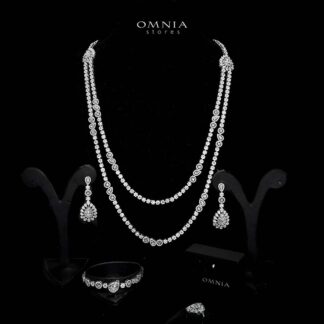 Omnia Ahad Bridal White Long Chain Set In Rhodium Plated With High Quality Zircon Stones