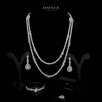 Omnia Ahad Bridal White Long Chain Set In Rhodium Plated With High Quality Zircon Stones