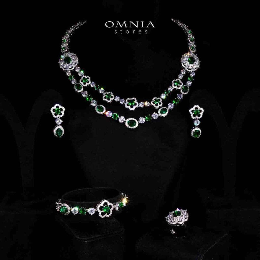 Omnia Esra Green Luxury Bridal Full Set in High Quality Simulated Diamond Rhodium Plated