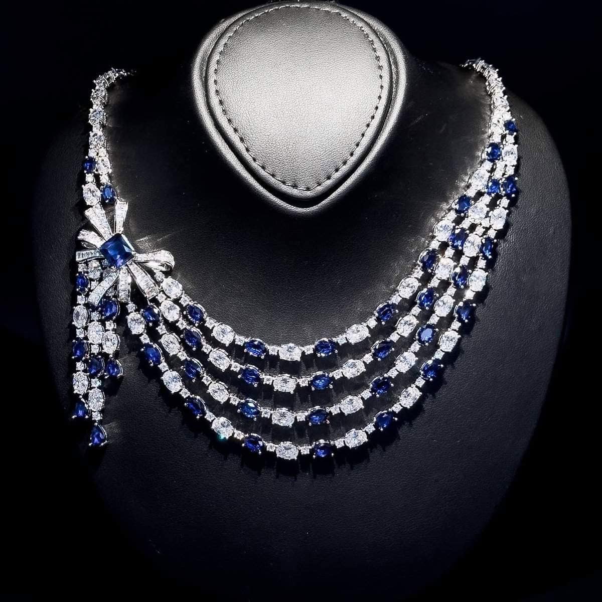 Omnia Mawada Blue Bridal Full Set with Elegant Bow-Accent Design and High-Quality Zircon Stones in Rhodium Plated Finish