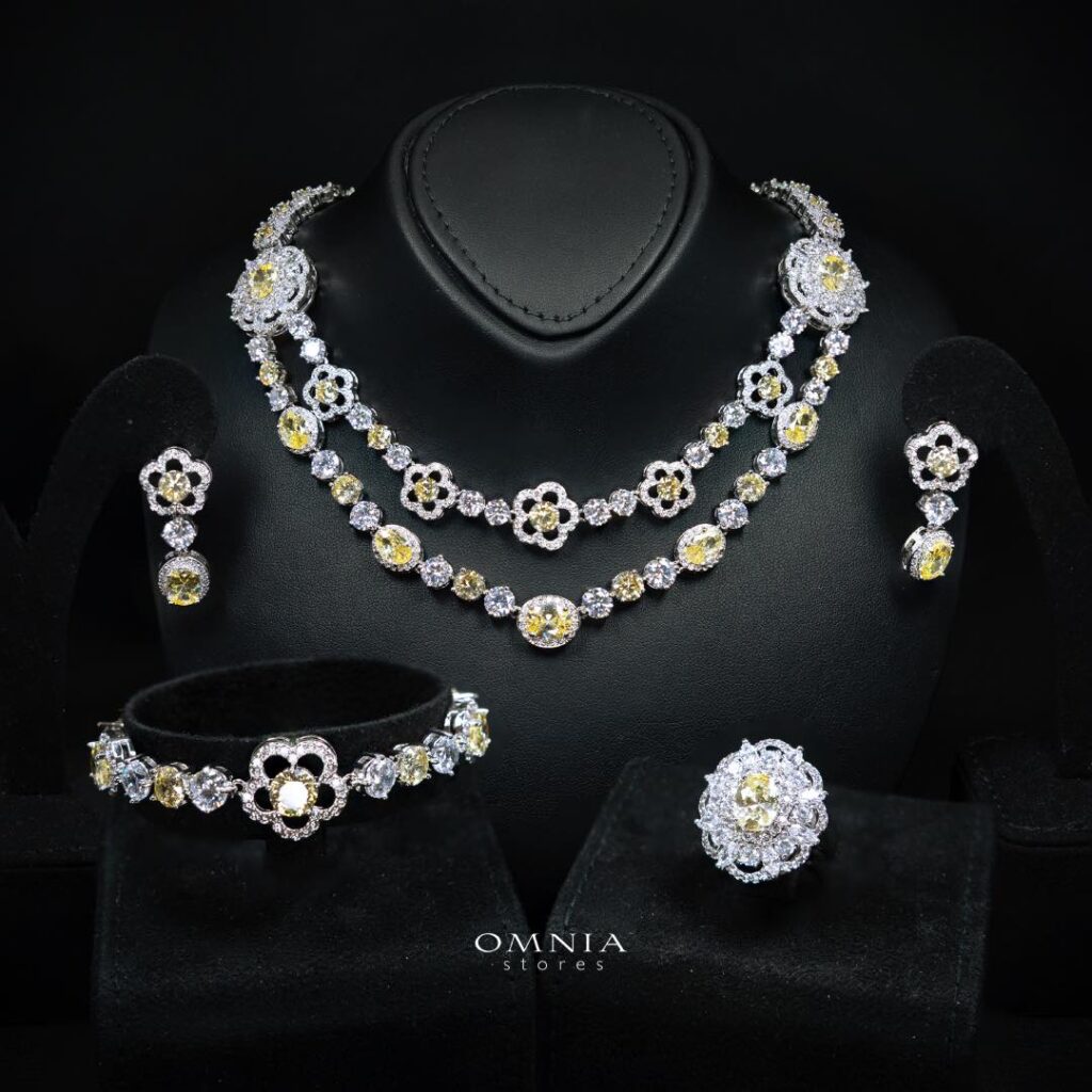 Omnia Esra Yellow Luxury Bridal Full Set in High Quality Simulated Diamond Rhodium Plated