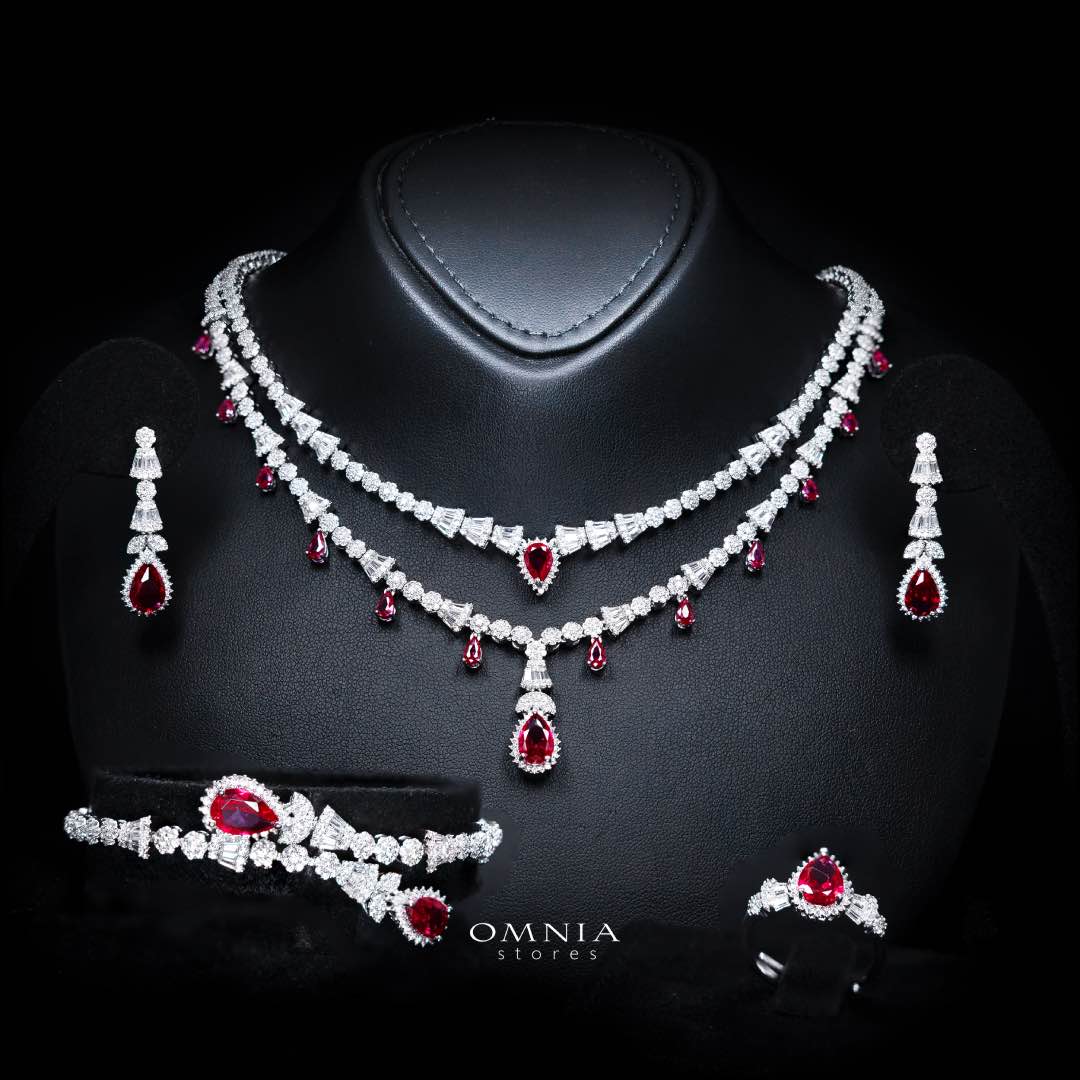 Omnia Ghada Red Bridal Full Set with Rhodium Plated in High Quality Zircon Stone Rhodium Plated (Size 16 Only Available in KSA)