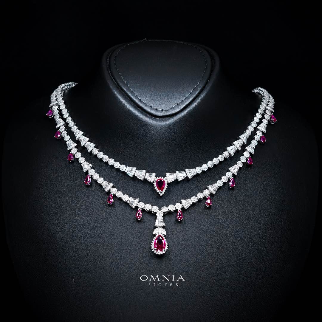 Omnia Ghada Red Bridal Full Set with Rhodium Plated in High Quality Zircon Stone Rhodium Plated (Size 16 Only Available in KSA) - Image 2