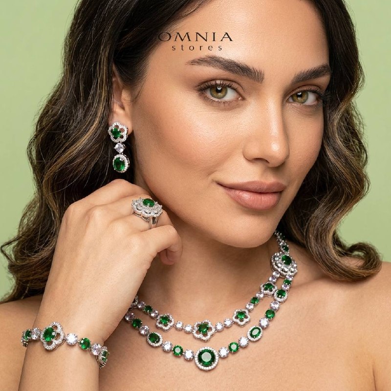 Omnia Esra Green Luxury Bridal Full Set in High Quality Simulated Diamond Rhodium Plated - Image 2
