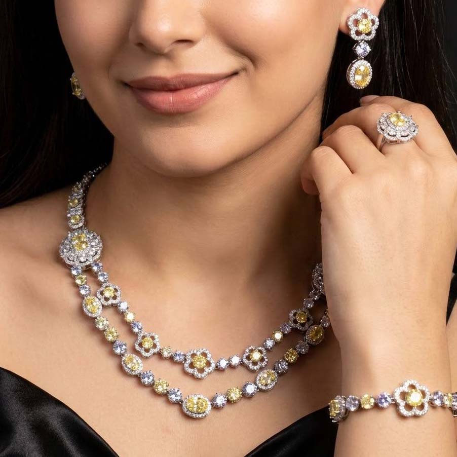 Omnia Esra Yellow Luxury Bridal Full Set in High Quality Simulated Diamond Rhodium Plated - Image 2