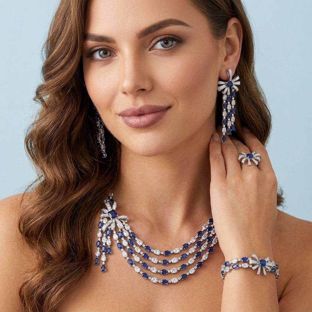 Omnia Mawada Blue Bridal Full Set with Elegant Bow-Accent Design and High-Quality Zircon Stones in Rhodium Plated Finish - Image 2