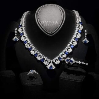 Omnia Elizabeth Sapphire Grace Bridal Full Set with Pear and Round Cut High-Quality Simulated Diamonds and Blue Gemstones in a Luxurious Rhodium Plated Finish