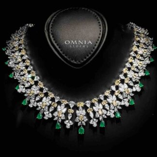 Omnia Dema Emerald Green and Yellow Bridal Full Set in High Quality Zircon Stone Rhodium Plated