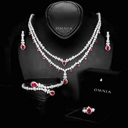 Omnia Ghada Red Bridal Full Set with Rhodium Plated in High Quality Zircon Stone Rhodium Plated
