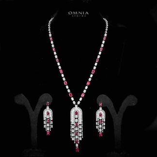 Omnia Jane Red Bridal Long Chain Set in Rhodium Plated Finish with High-Quality Zircon Stones