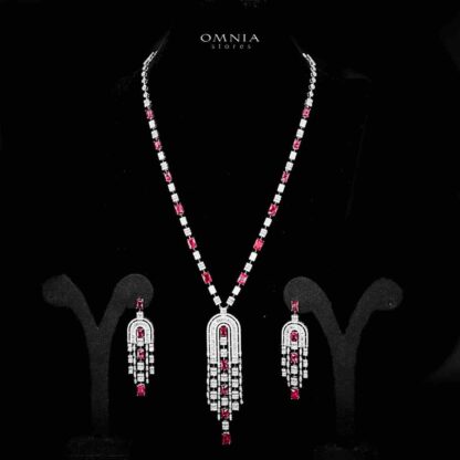 Omnia Jane Red Bridal Long Chain Set in Rhodium Plated Finish with High-Quality Zircon Stones