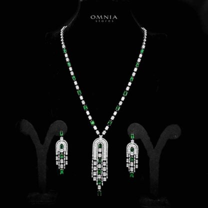 Omnia Jane Green Bridal Long Chain Set in Rhodium Plated Finish with High-Quality Zircon Stones