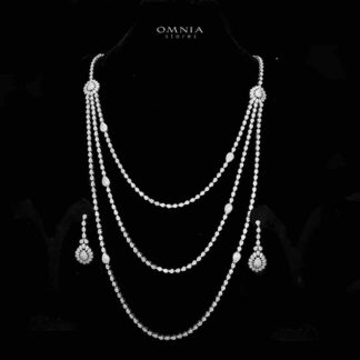 Omnia Faiha Bridal Long Chain Set in Rhodium Plated Finish with High-Quality White Zircon Stones