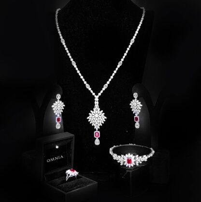 Omnia Duha Red Long Chain Full Set Accessories in High Quality Zircon Stone Rhodium Plated