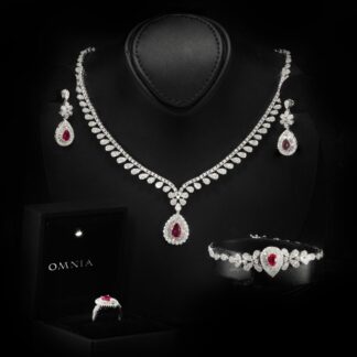 Omnia Sophia Maroon Teardrop Bridal Full Set in 925 Silver with High Quality Simulated Diamonds