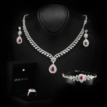 Omnia Sophia Maroon Teardrop Bridal Full Set in 925 Silver with High Quality Simulated Diamonds