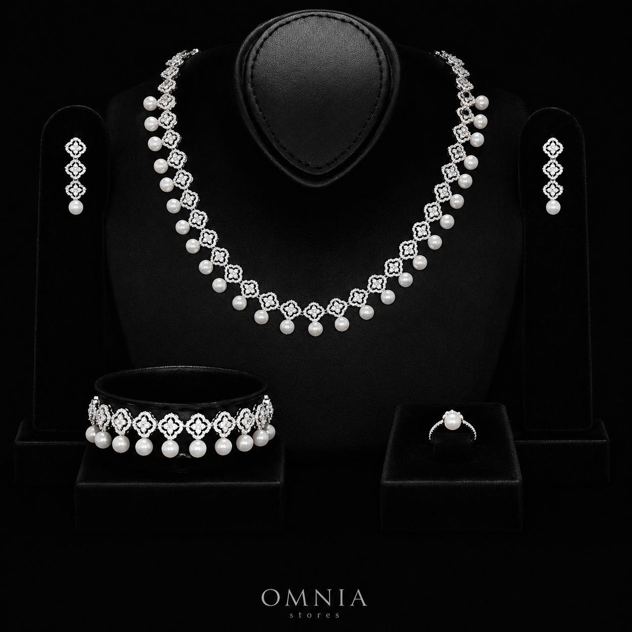 Omnia Sahira Pearl Bridal Full Set in 925 Silver with High-Quality White Zircon Stones