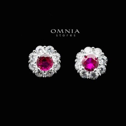 Omnia Houriya Red Flower Stud Earring in 92.5 Silver with High Quality Simulated Diamonds