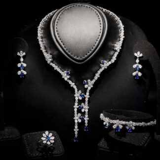 Omnia Lubna Blue Bridal Full Set in 92.5 Silver with High-Quality Simulated Diamonds and Teardrop Design