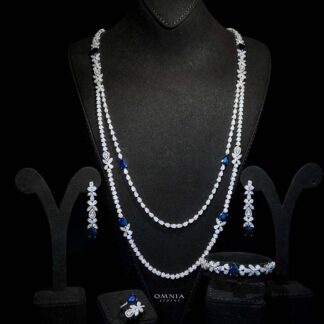 Omnia Yaza Bridal Blue Long chain Set High Quality Zircon Stone In Rhodium Plated