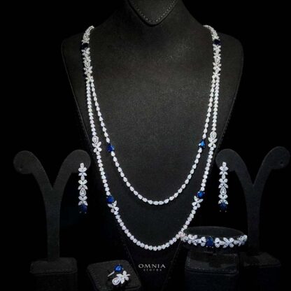 Omnia Yaza Bridal Blue Long chain Set High Quality Zircon Stone In Rhodium Plated