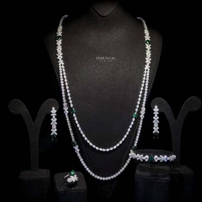Omnia Yaza Bridal Green Long chain Set High Quality Zircon Stone In Rhodium Plated