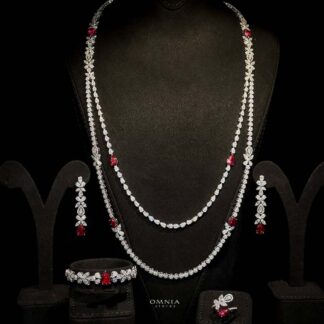 Omnia Yaza Bridal Red Long chain Set High Quality Zircon Stone In Rhodium Plated