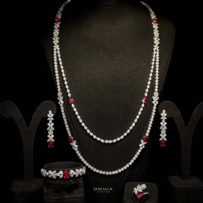 Omnia Yaza Bridal Red Long chain Set High Quality Zircon Stone In Rhodium Plated