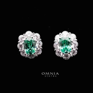 Omnia Mashael Emerald Oval Cut Stud Earrings in 92.5 Silver with High Quality Simulated Diamonds