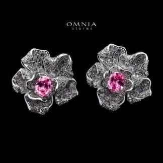 Omnia Silver Floral Stud Earrings with Oval-Cut Pink Center Stone & Pave-Set Simulated Diamonds