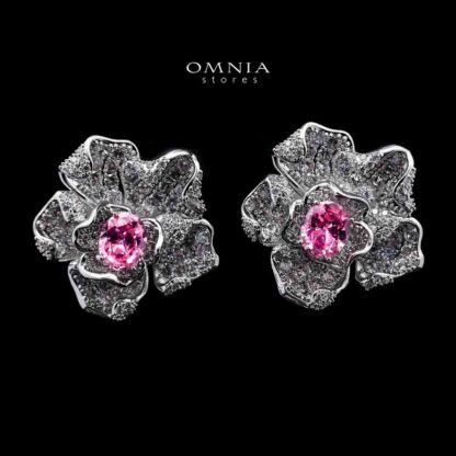 Omnia Silver Floral Stud Earrings with Oval-Cut Pink Center Stone & Pave-Set Simulated Diamonds