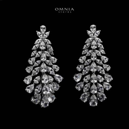 Omnia Sufia Cascading Pear-Cut Earrings with High-Quality Simulated Diamonds Rhodium Plated