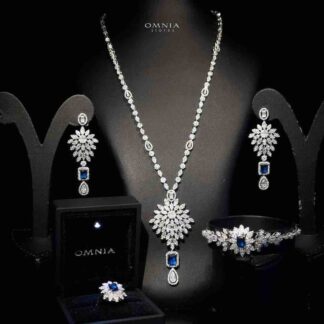 Omnia Duha Blue Long Chain Full Set Accessories in High Quality Zircon Stone Rhodium Plated