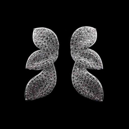 Omnia Nayla Silver Leaf Earrings with Pave-Set High-Quality Zircon Stones in a Rhodium Plated Finish