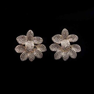 Omnia Flora White and Gold Blossom Earrings with Pave-Set High-Quality Zircon Stones and Teardrop Centerpiece in a Gold-Tone Rhodium Plated Finish