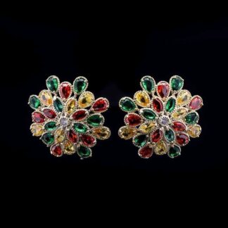 Omnia Elsa Multicolored Floral Earrings with Teardrop-Cut Zircon Stones in Green, Red, and Yellow, Set in a Gold-Tone Rhodium Plated Finish