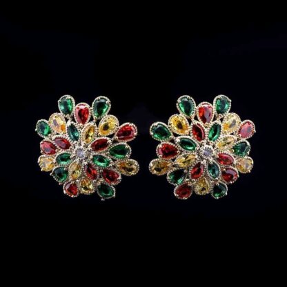 Omnia Elsa Multicolored Floral Earrings with Teardrop-Cut Zircon Stones in Green, Red, and Yellow, Set in a Gold-Tone Rhodium Plated Finish