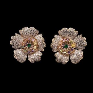 Omnia Raneem Golden Multi-Colored Floral Stud Earrings In High Quality Zircon Stone Rhodium Plated