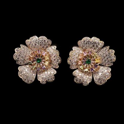 Omnia Raneem Golden Multi-Colored Floral Stud Earrings In High Quality Zircon Stone Rhodium Plated