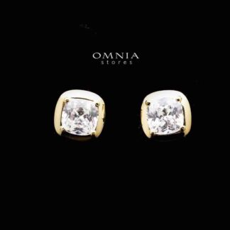Omnia Hadeel Golden Cushion Cut Stud Earrings in 92.5 Silver with High Quality Simulated Diamonds