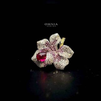 Omnia Lily Flower Ring With Pink And Red Stones with High Quality Simulated Diamonds