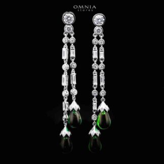 Omnia Leila Long Chain Drop Earrings with Green Teardrop Accent in 92.5 Silver with High Quality Simulated Diamonds