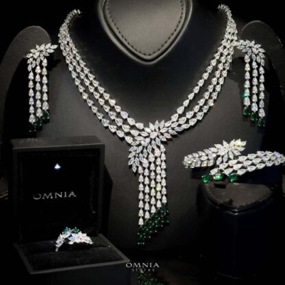 Omnia Rahaf Green Bridal Full Set Accessories in High Quality Zircon Stone in Rhodium Plated