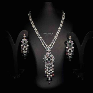 Omnia Inas White Long Chain Full Set Accessories In High Quality Zircon Stone Rhodium Plated
