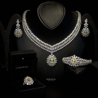 Omnia Olive Yellow Set in High Quality Zircon Stone Rhodium Plated
