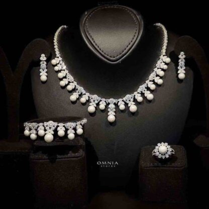 Omnia Rahma Bridal Full Set in 92.5 Silver with High Quality Simulated Diamonds and Elegant Pearl Accents