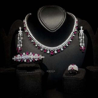 Omnia Nisrine Maroon Bridal Full Set Accessories in High Quality Zircon Stone in Rhodium Plated