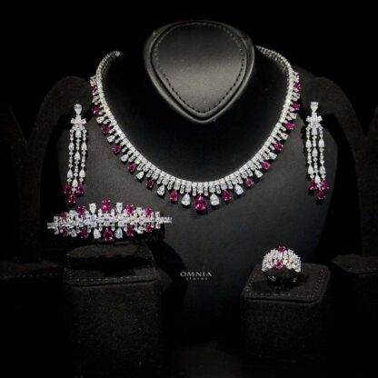 Omnia Nisrine Maroon Bridal Full Set Accessories in High Quality Zircon Stone in Rhodium Plated